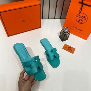 Hermees Paris Oran Flats For Her With OG Box & Carry Bag H38 Cyan Green