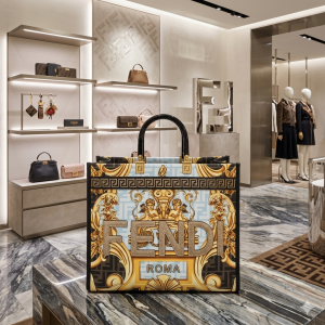 Fendi Sunshine Tote Bag from the collaboration between and Versace featurin rominent baroque print and tortoiseshell handles With Dust Cover premium quality