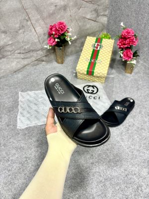 GUCCI GG CANVAS CROSS STRAP WITH METAL LOGO PREMIUM SLIDES BLACK 
