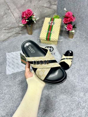 GUCCI GG CANVAS CROSS STRAP WITH METAL LOGO PREMIUM SLIDES BEIGE