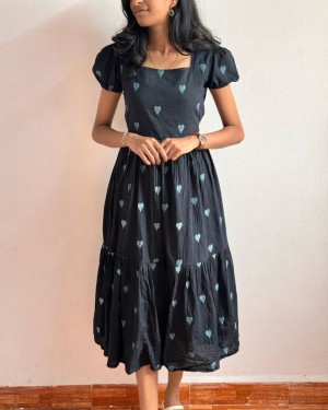 MC-1069 Black Cotton Maxi Dress with White Heart Embroidery  Sizes S to XXL MC-1069 Black Cotton Maxi Dress with White Heart Embroidery  Sizes S to XXL
