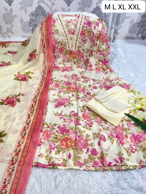 Elegant Embroidered Anarkali Kurti Set with Pant & Dupatta  Hand Sequin Work  Summer Floral Print  Sizes M to XXL Elegant Embroidered Anarkali Kurti Set with Pant & Dupatta  Hand Sequin Work  Summer Floral Print  Sizes M to XXL