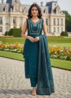 Premium Gajji Silk Sleeveless Straight Kurti Pant Set with Lagdi Dupatta Rama 