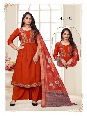 Heavy Bombay Silk V-Neck Kurti Set with Handwork Palazzo & Dupatta Rust Saffron