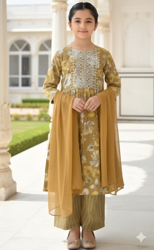 Golden Glow Floral Print Kurta Set with Dupatta  Traditional Ethnic Wear for Girls