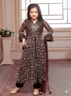 Premium Girls Dark Coffee & Maroon Floral Printed Anarkali Suit Set with Dupatta