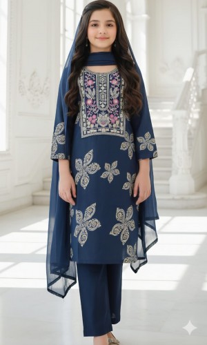 Elegant Navy Blue Embroidered Girls Salwar Kameez Set with Matching Dupatta