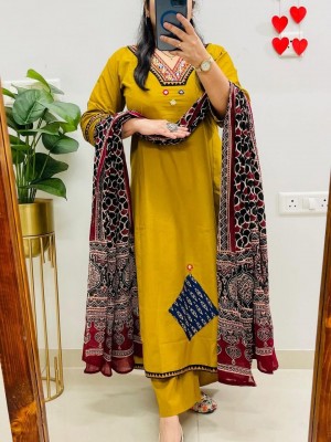 Elegant Rayon Slub Top-Bottom & Muslin Dupatta Set for Women  Appliq Work  Size M-2XL  Festive & Casual Wear Yellow