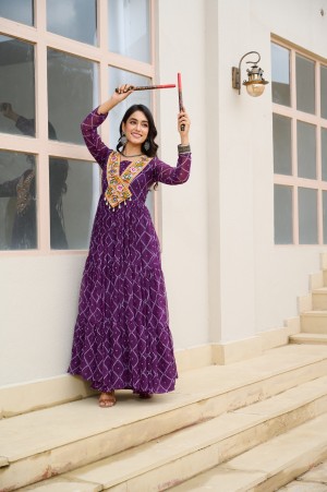 KA-1191 Navratri 2025 Bandhani & Kutchi Patchwork Faux Georgette Gown for Women  Yellow Blue Purple  Garba Wear (L Size 56 Length) Purple KA-1191 Navratri 2025 Bandhani & Kutchi Patchwork Faux Georgette Gown for Women  Yellow Blue Purple  Garba Wear (L Size 56 Length) Purple