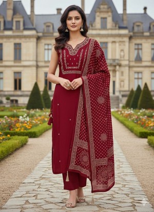Premium Gajji Silk Sleeveless Straight Kurti Pant Set with Lagdi Dupatta maroon