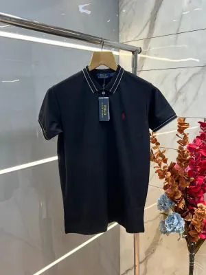 Ralp h Lauren Black Premium Imported 240 GSM Interlock Lycra Fabric Polo Tshirt with Collar Design and Embroidered Logo 4059