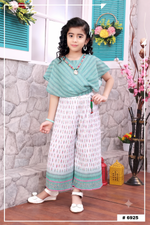 Trendy Girls Western Sea Green Top and Ikat Print Palazzo Set