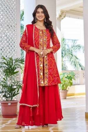 Designer Fox Georgette Blouse Plazzo & Dupatta Set - Mirror Work RED