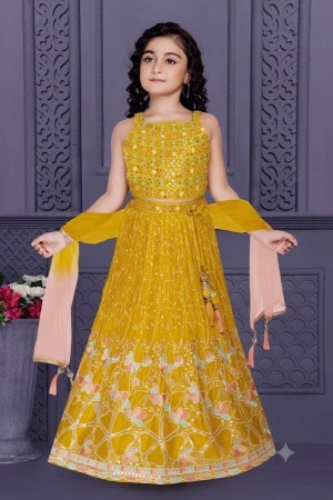 Girls Yellow Embroidered Lehenga Choli with Dupatta 