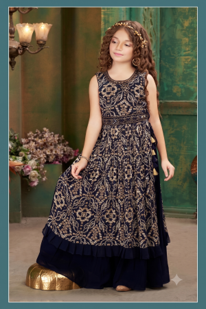 Premium Girls Navy Blue & Gold Foil Print Kurti Palazzo Set