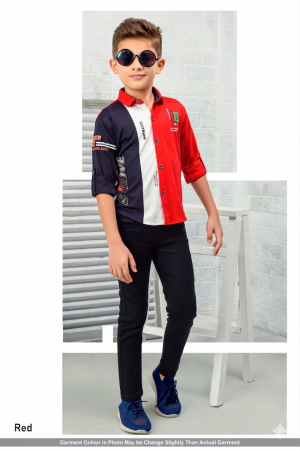 Premium Kids Boys Color-Block Casual Shirt  Red & Navy Blue