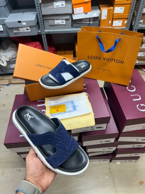 Louis Vui_ton monogram suede riviera flat mules navy blue
