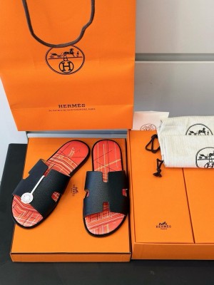 Hermes Izmir Mens Leather Sandal BlackOrange