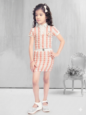 Girls Pink and White Textured Stripe Polo Top & Mini Skirt Co-ord Set