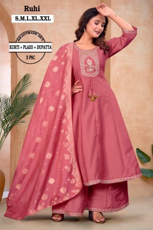 Heavy Bombay Silk Short Kurti Set with Embroidered Neck & Palazzo