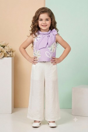 Girls Lavender Embroidered Floral Top with White Palazzo Pants Set