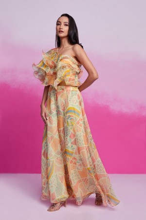 Elegant Cream Organza Cape Palazzo Set - Printed & Ready-to-Wear (XS to XXL)   Elegant Cream Organza Cape Palazzo Set - Printed & Ready-to-Wear (XS to XXL)
