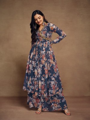 Regal Zari Embroidered Chiffon Palazzo Suit  Regal Zari Embroidered Chiffon Palazzo Suit