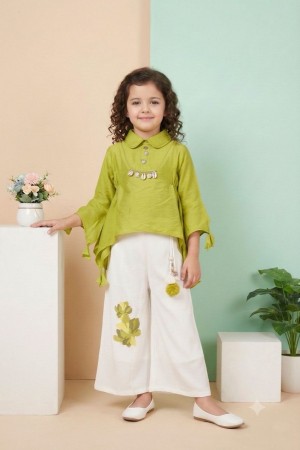 Girls Fuchsia Green Top with White Printed Palazzo Set