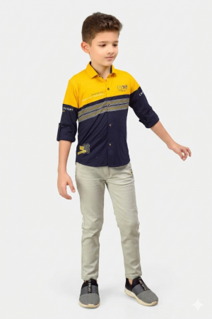 Premium Boys Mustard Yellow & Navy Blue Color-Block Casual Shirt
