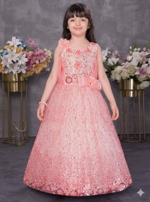 Girls Peach Handwork Sequins Party Wear Gown 