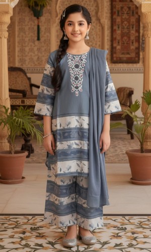 Elegant Slate Blue Floral Embroidered Kurta and Palazzo Set for Girls