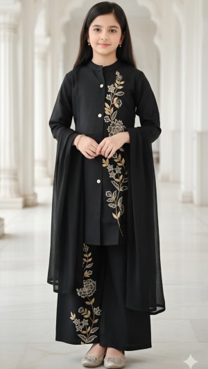 Elegant Black Embroidered Ethnic Co-ord Set for Girls