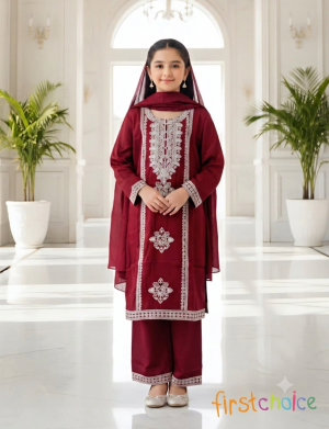 Elegant Maroon Embroidered Cotton Suit Set for Girls
